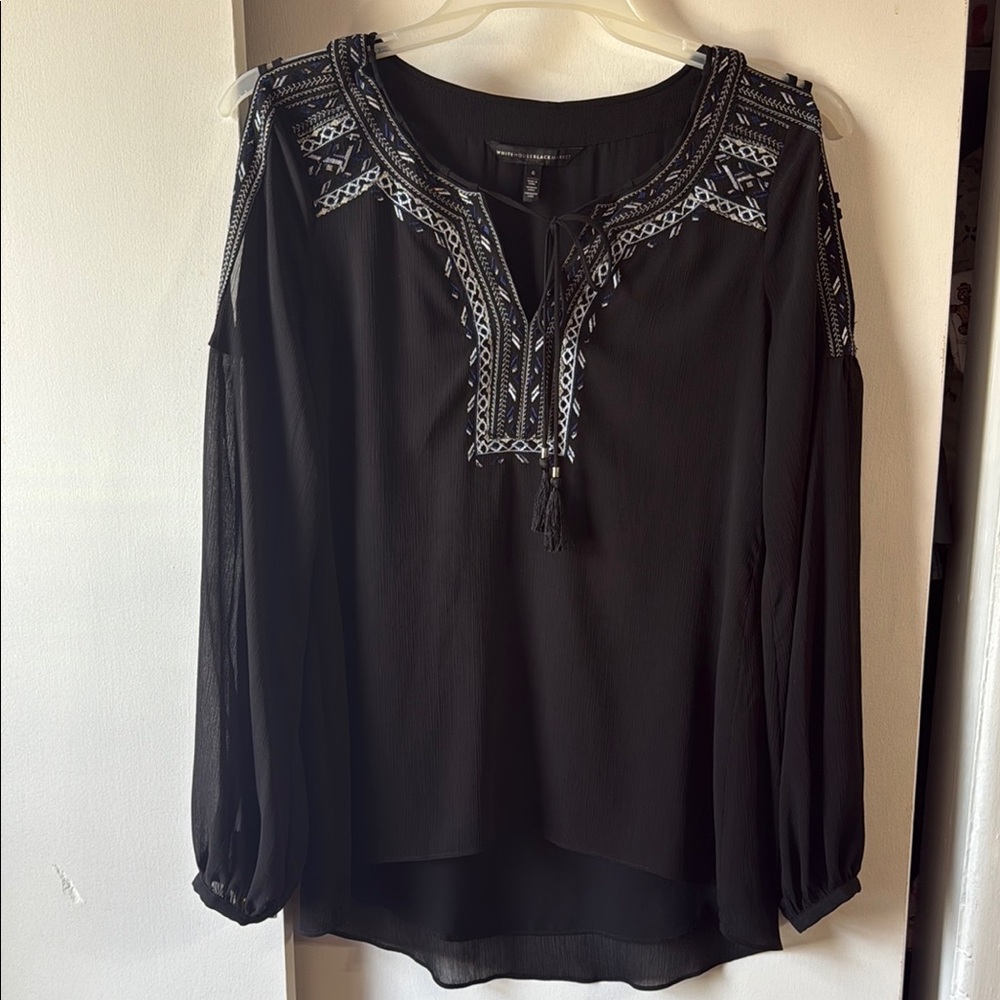 White House black Market Black Blouse with Embroidered Details